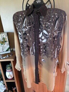 Vintage Ombre Floral Pearl Beaded Embellished Button-Up Blouse - Brown & Cream